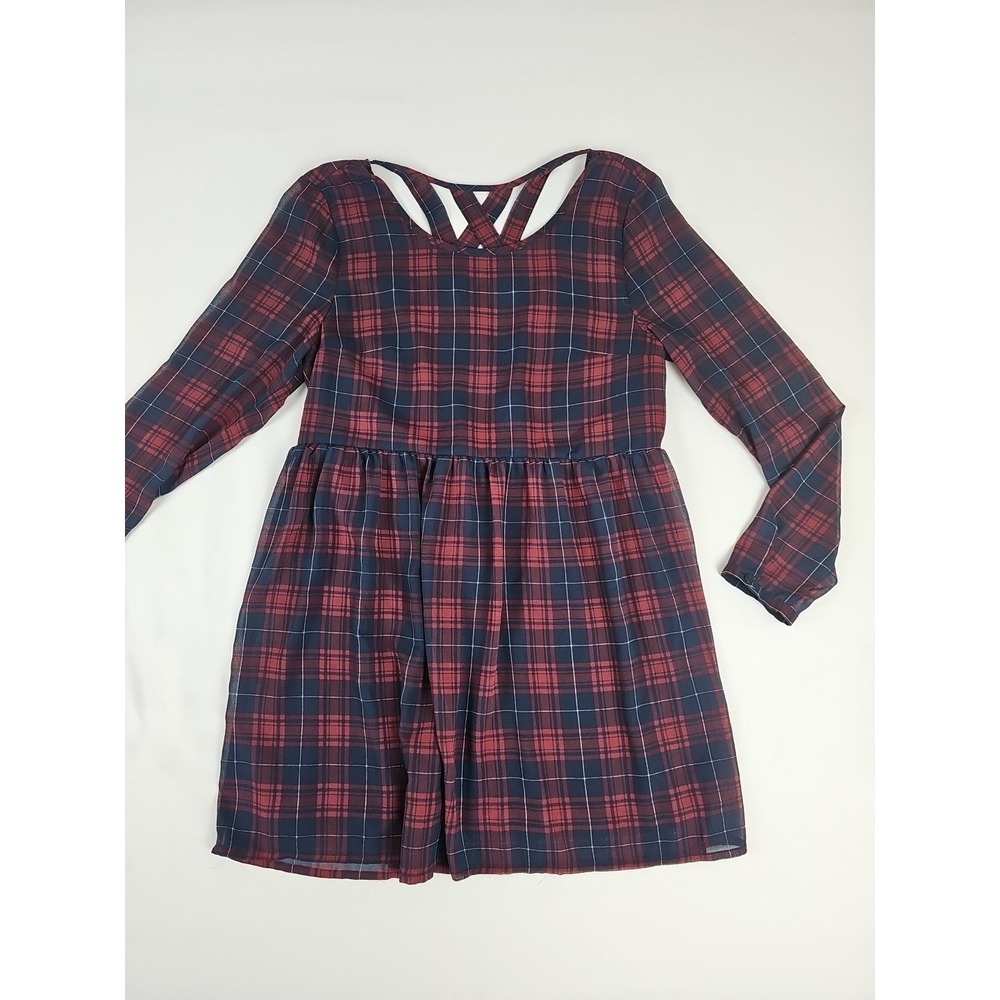 Divided Burgundy & Blue Plaid    Short Baby Doll Dress Sheer Strappy Open Back 8